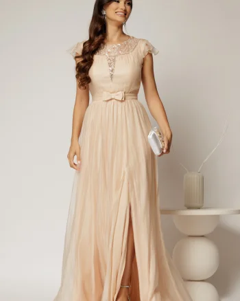 Rochie DY Fashion lunga bej de seara din voal creponat si funda in talie
