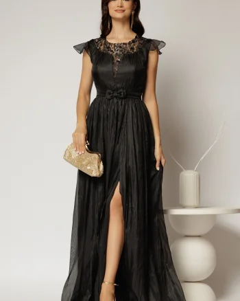 Rochie DY Fashion lunga neagra de seara din voal creponat si funda in talie