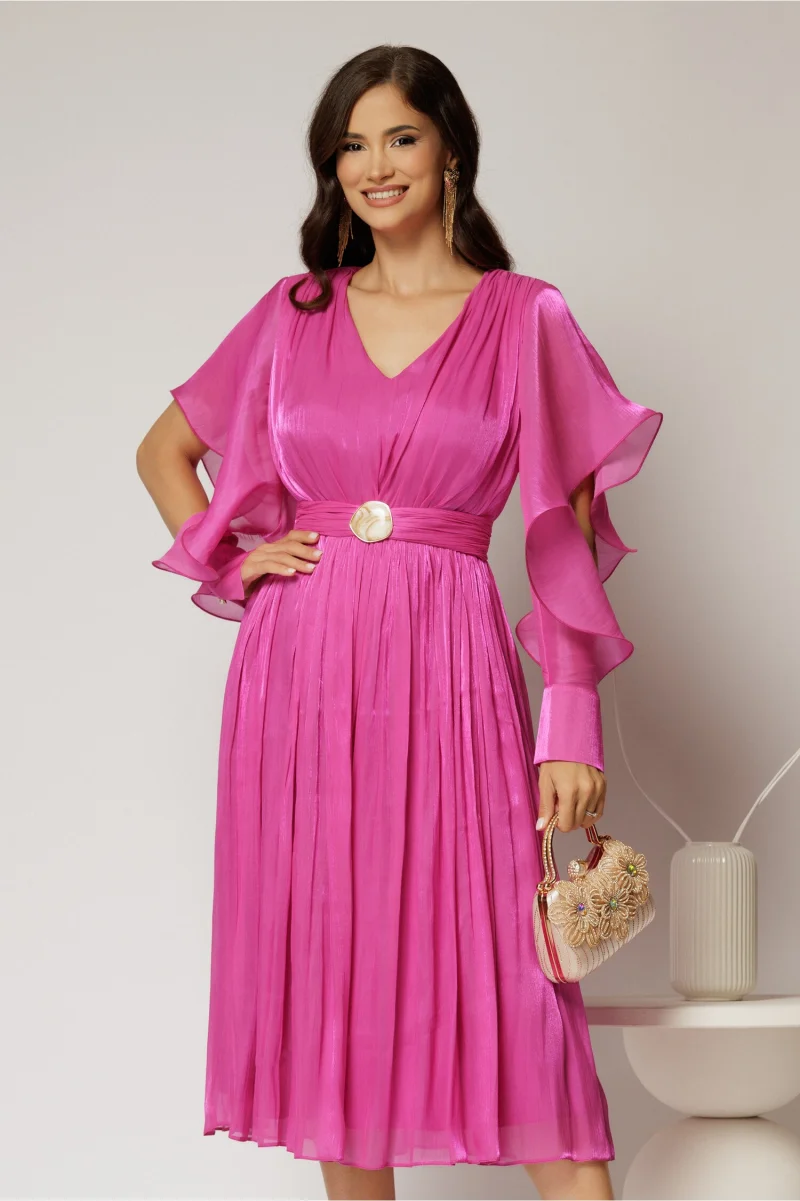 Rochie midi fucsia de ocazie din voal peliculizat cu cordon detasabil