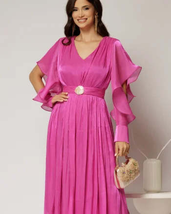 Rochie midi fucsia de ocazie din voal peliculizat cu cordon detasabil