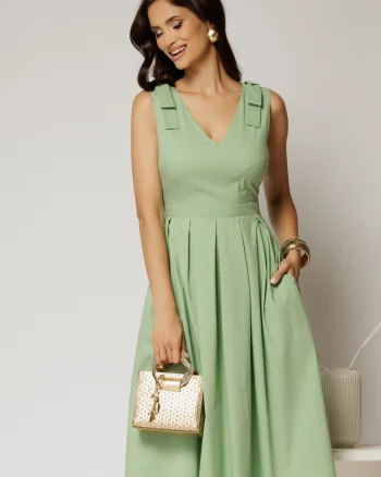 Rochie DY Fashion scurta verde fistic din poplin cu funde pe umeri