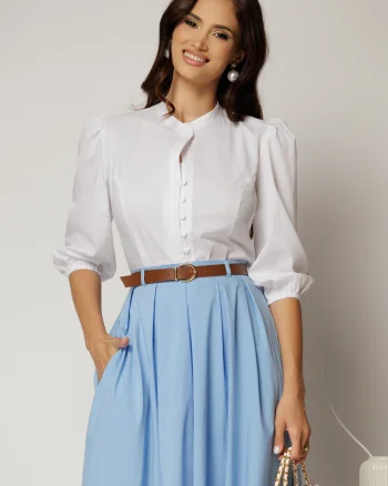 Camasa DY Fashion alba din poplin cu maneci bufante si inchidere cu nasturi