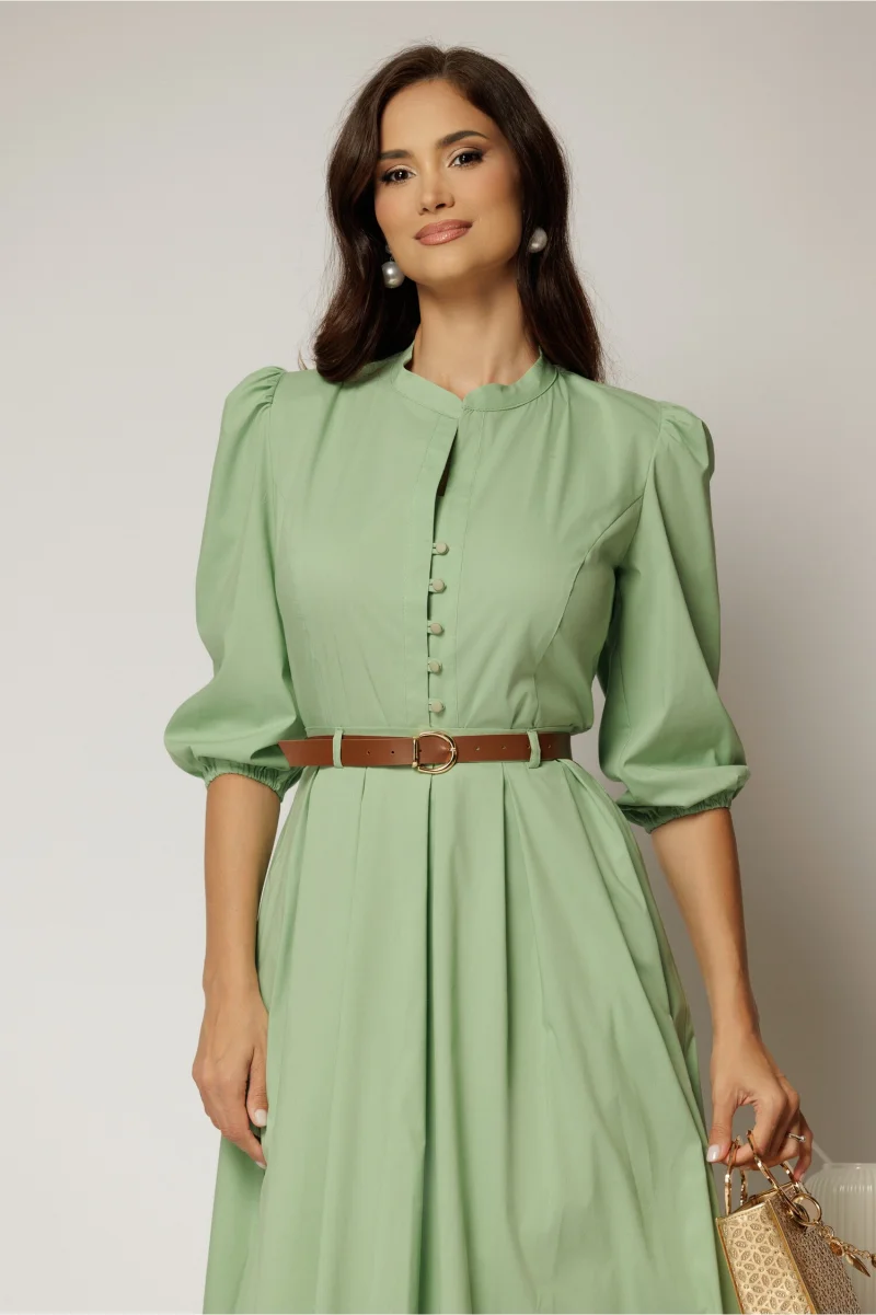 Camasa DY Fashion verde fistic din poplin cu maneci bufante si inchidere cu nasturi