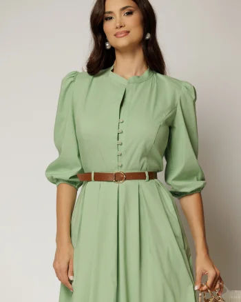 Camasa DY Fashion verde fistic din poplin cu maneci bufante si inchidere cu nasturi
