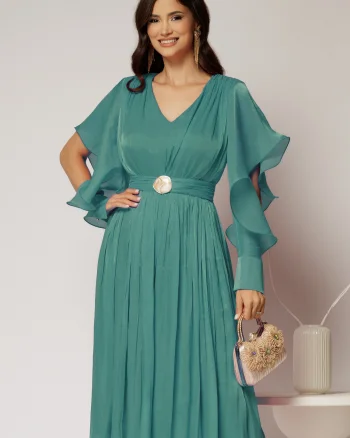 Rochie midi turcoaz de ocazie din voal peliculizat cu cordon detasabil