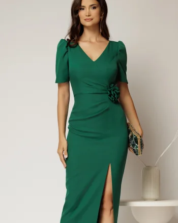 Rochie midi verde conica cu decolteu V si floare in talie