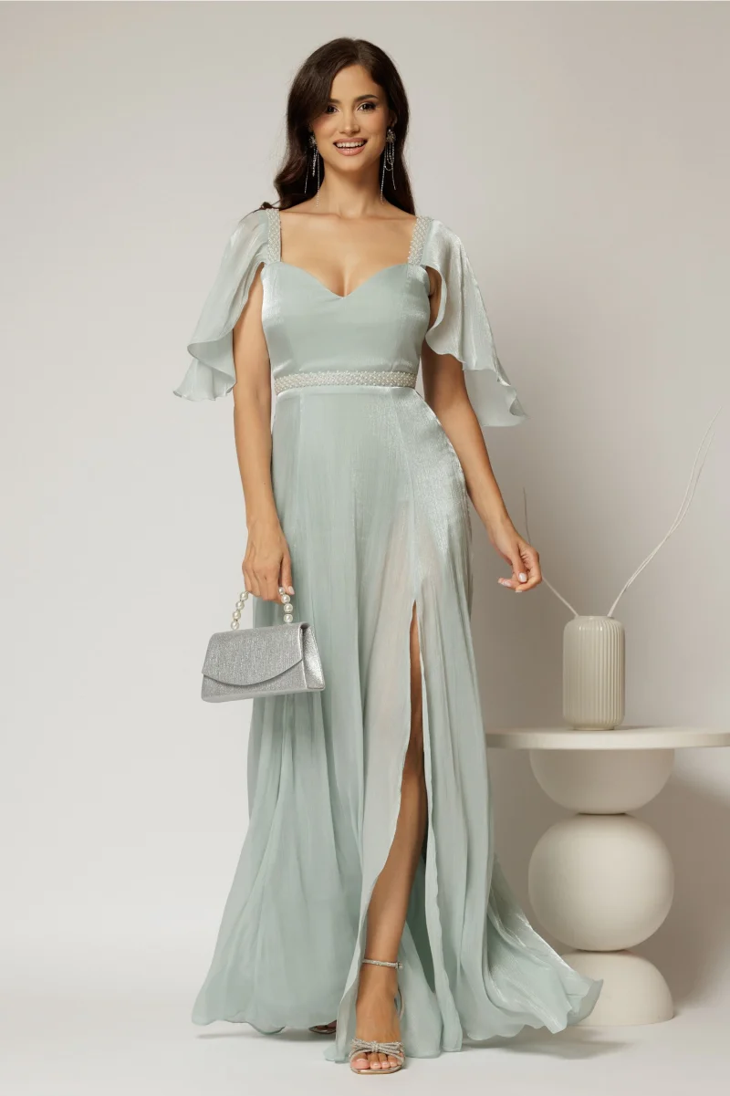 Rochie DY Fashion verde mint lunga de seara cu aplicatii de perle pe talie