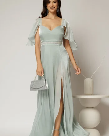 Rochie DY Fashion verde mint lunga de seara cu aplicatii de perle pe talie
