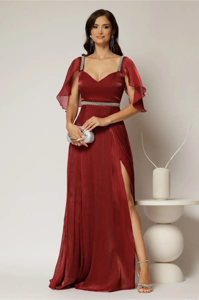 Rochie DY Fashion bordo lunga de seara cu aplicatii de perle pe talie
