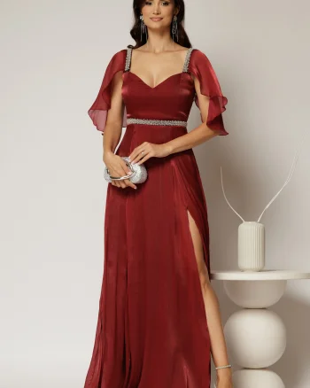 Rochie DY Fashion bordo lunga de seara cu aplicatii de perle pe talie