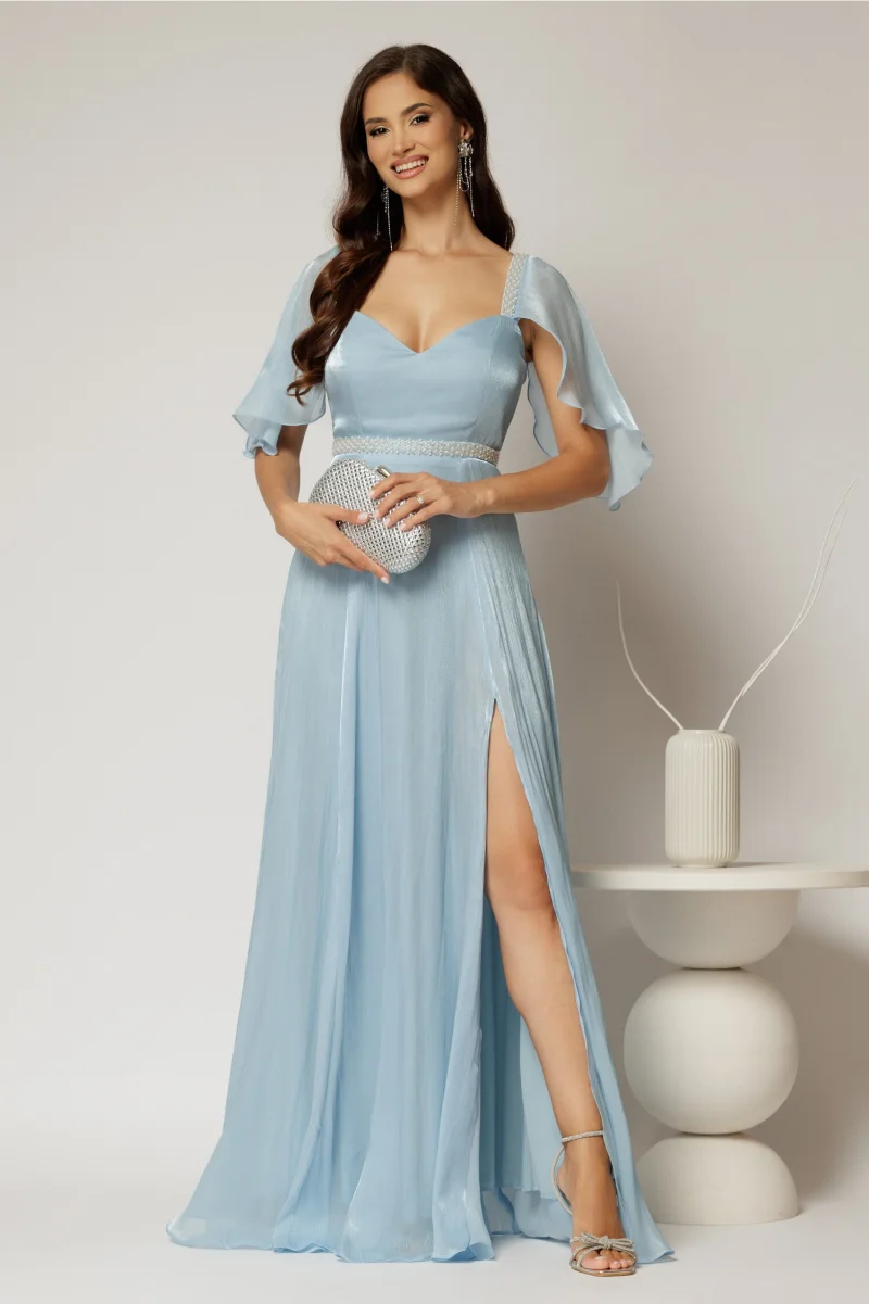 Rochie DY Fashion bleu lunga de seara cu aplicatii de perle pe talie