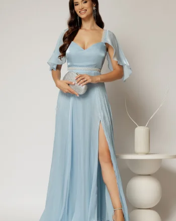 Rochie DY Fashion bleu lunga de seara cu aplicatii de perle pe talie
