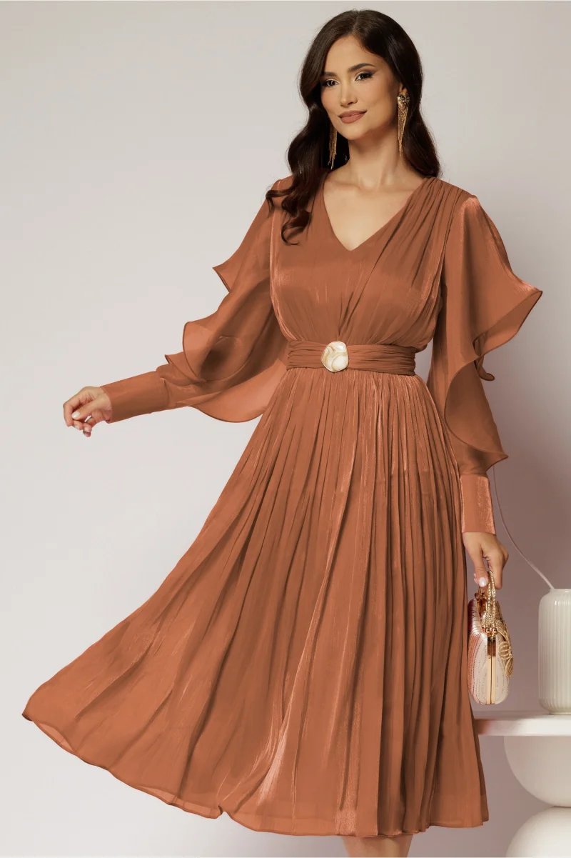 Rochie midi roz coniac de ocazie din voal peliculizat cu cordon detasabil