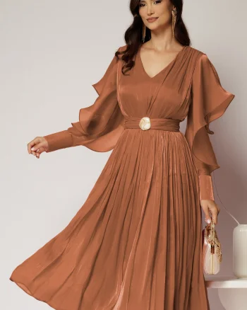 Rochie midi roz coniac de ocazie din voal peliculizat cu cordon detasabil