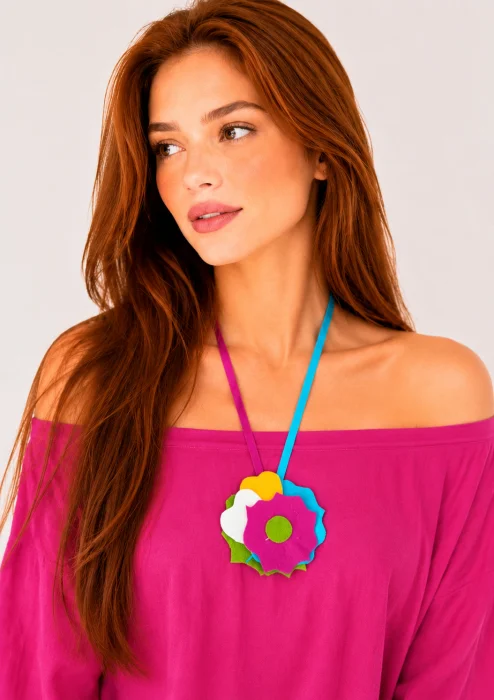 Colier multicolor din piele naturala, cu trandafir modelat manual