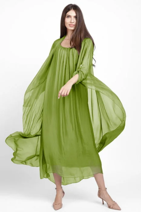 Compleu cu rochie si blazer din matase si vascoza, verde oliv