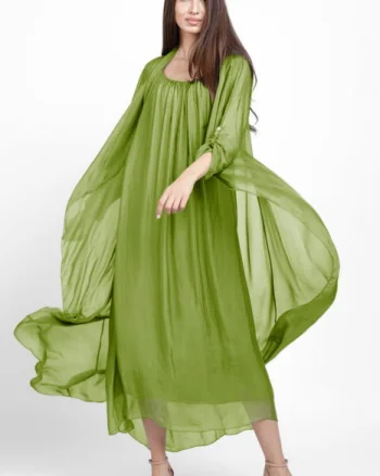 Compleu cu rochie si blazer din matase si vascoza, verde oliv