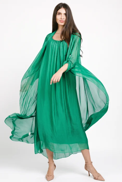 Compleu cu rochie si blazer din matase si vascoza, verde smarald