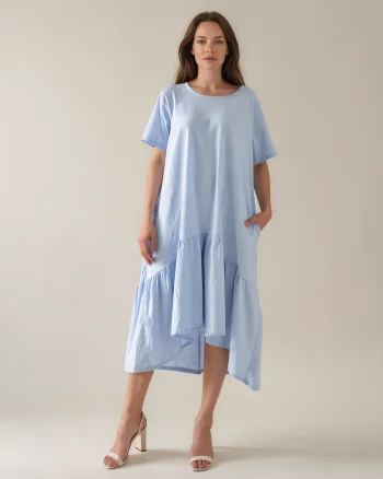 Rochie lungă cu volan, buzunare și nasturi decorativi pe spate bleu - Unica S-L