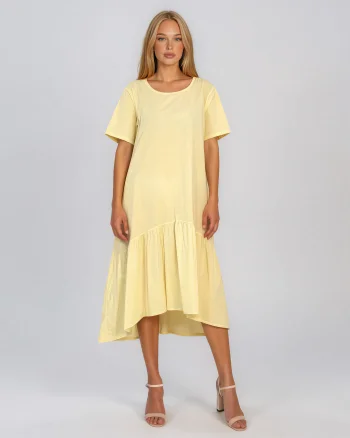 Rochie lungă cu volan, buzunare și nasturi decorativi pe spate galben - Unica S-L