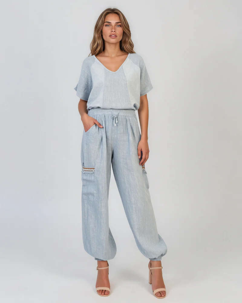 Bluză din in cu broderie elegantă bleu - Unica S-L