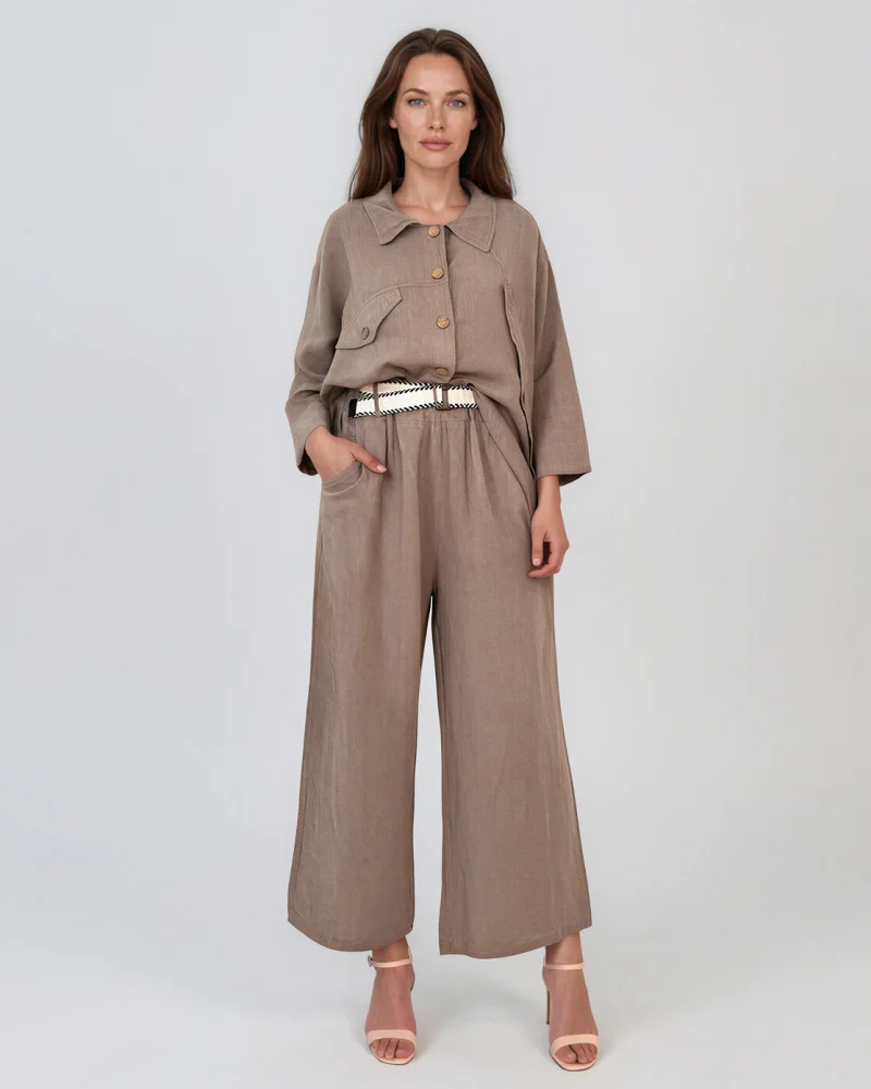 Pantaloni din in drepți curea textilă grej - Unica S-L