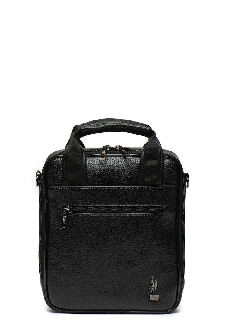 Geanta crossbody de piele ecologica, cu aplicatie logo, Negru/Argintiu inchis