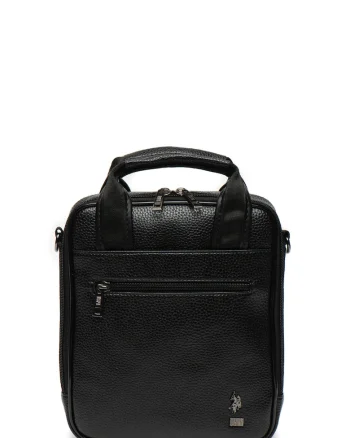 Geanta crossbody de piele ecologica, cu aplicatie logo, Negru/Argintiu inchis