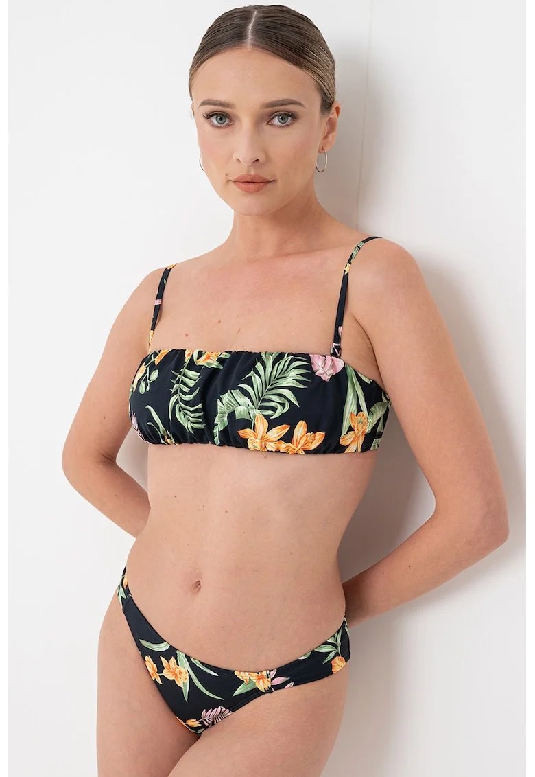 Sutien de baie cu model floral Bandeau, Negru/Portocaliu deschis/Verde deschis