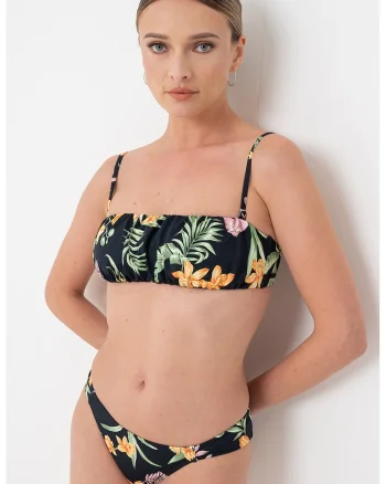 Sutien de baie cu model floral Bandeau, Negru/Portocaliu deschis/Verde deschis