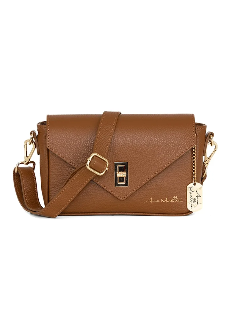 Geanta crossbody din piele cu sistem metalic, Maro scortisoara