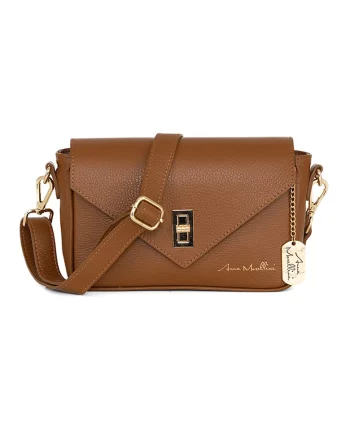 Geanta crossbody din piele cu sistem metalic, Maro scortisoara