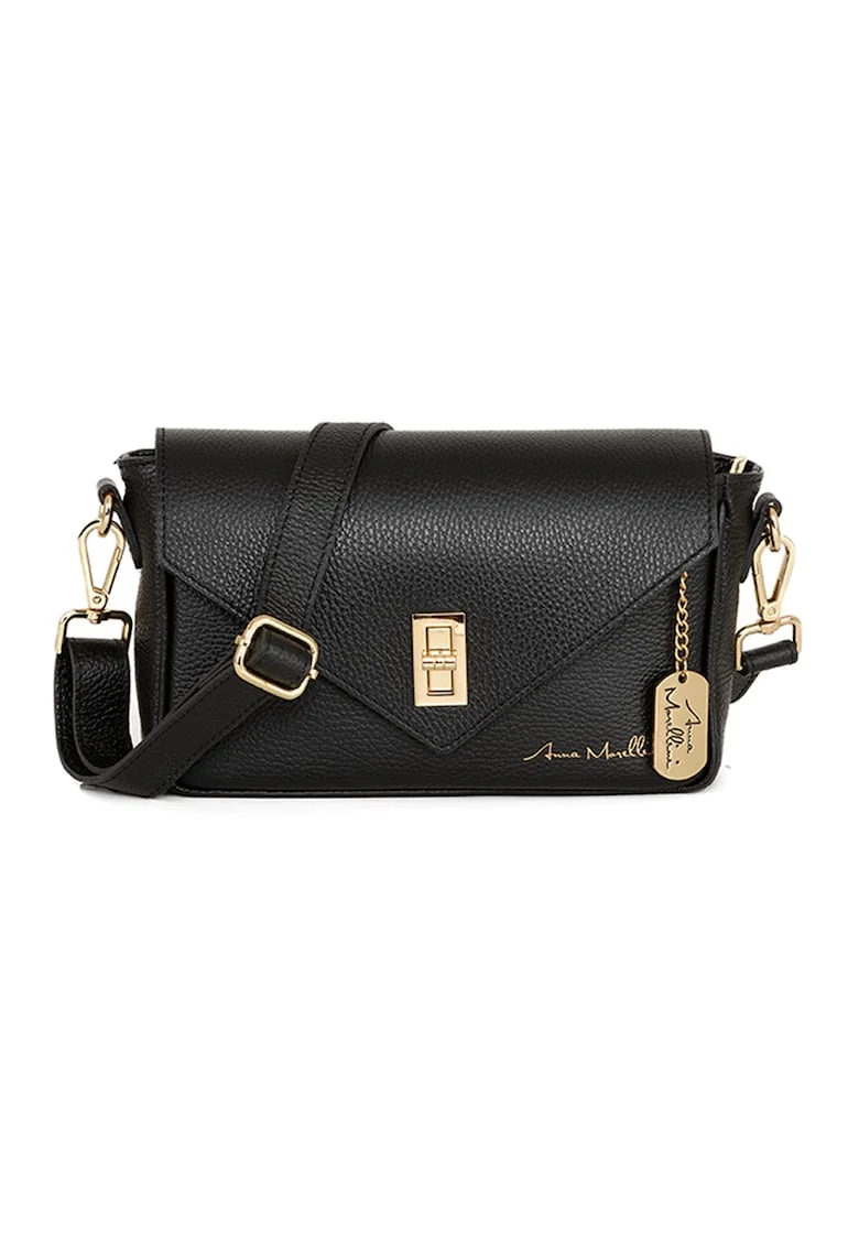 Geanta crossbody din piele cu sistem metalic, Negru