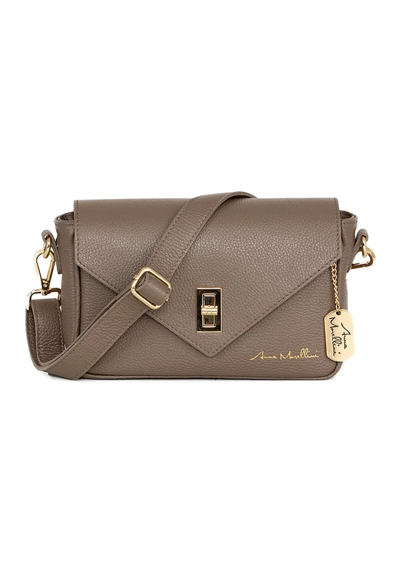 Geanta crossbody din piele cu sistem metalic, Maro taupe