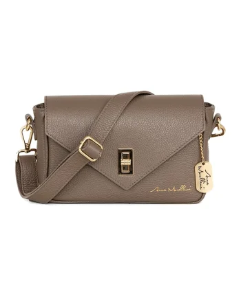 Geanta crossbody din piele cu sistem metalic, Maro taupe