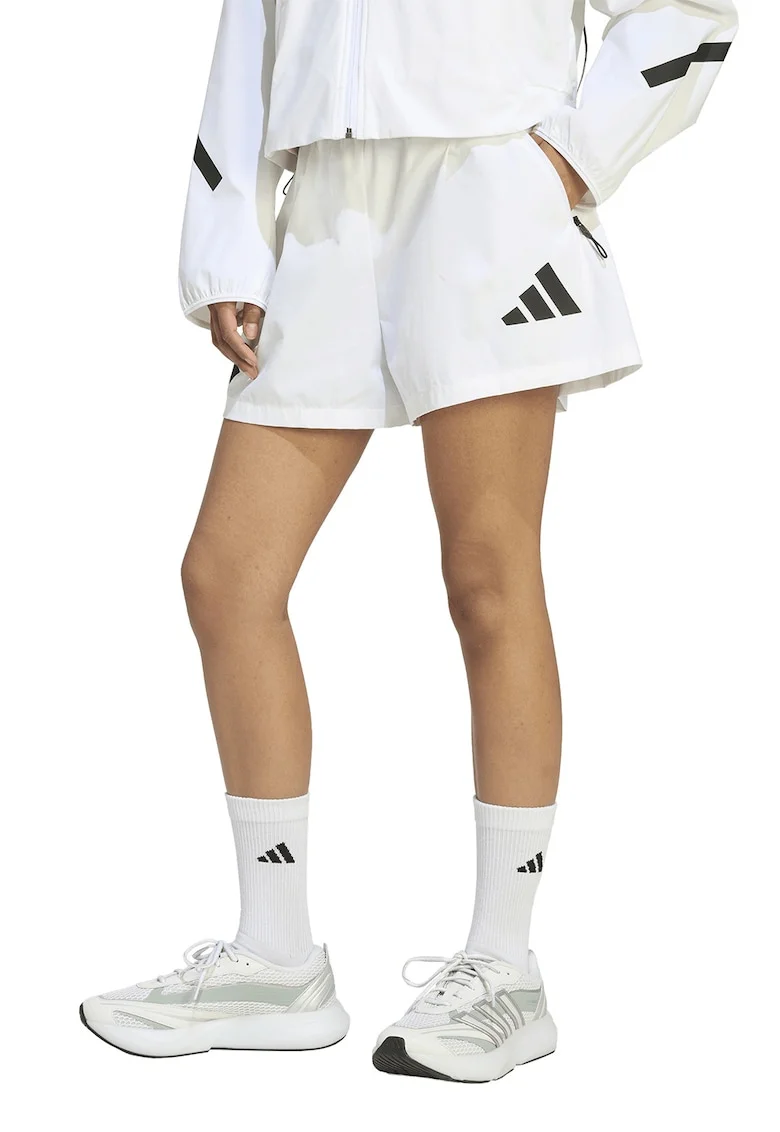 Pantaloni sport scurti cu talie inalta Z.N.E., Alb/Gri antracit