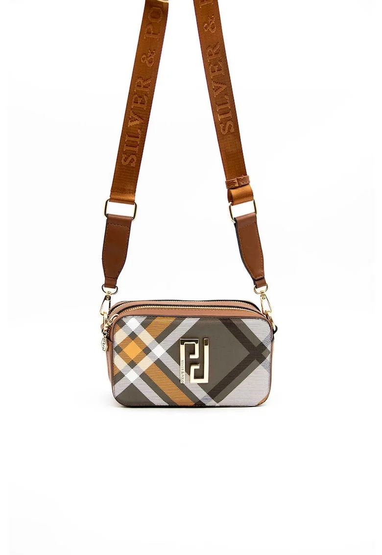 Geanta crossbody de piele ecologica cu logo metalic, Alb/Maro scortisoara/Kaki