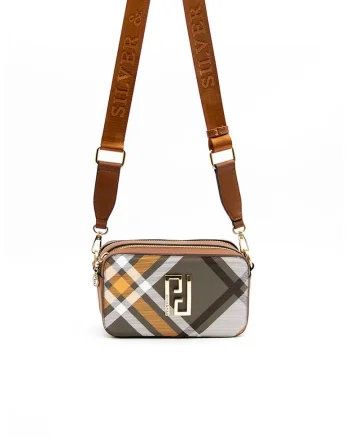 Geanta crossbody de piele ecologica cu logo metalic, Alb/Maro scortisoara/Kaki