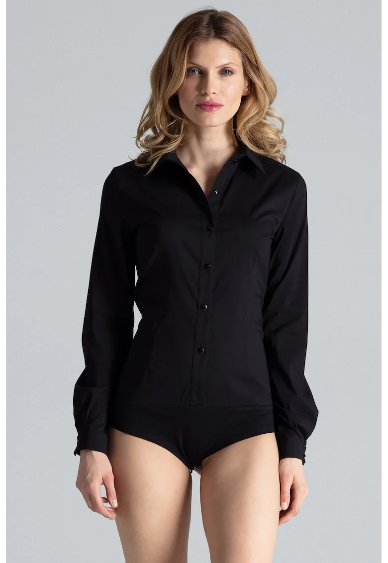 Body  de dama, negru, bumbac, regular fit, cu guler