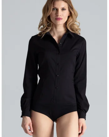 Body  de dama, negru, bumbac, regular fit, cu guler