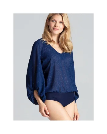Body  bleumarin, lejer, usor transparent, cu maneci lungi, tesatura cu sclipici,