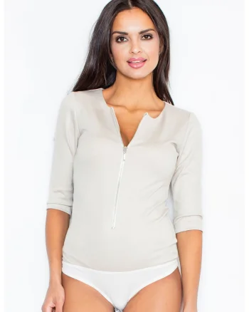 Body dama,  Poliester/Viscoza/Elastan, Cu fermoar, Bej,