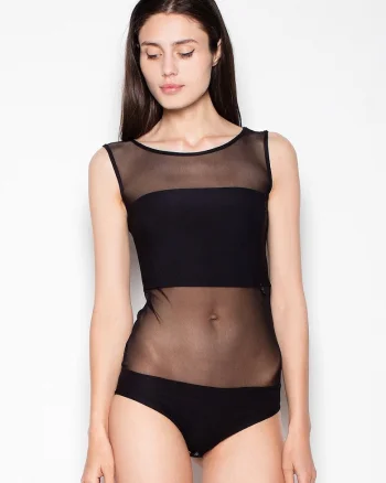 Body  transparent, decolteu semicircular, negru, poliester,
