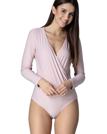Body  elegant, cu gat si cusatura in talie, roz, poliester 95%, elastan 5%,