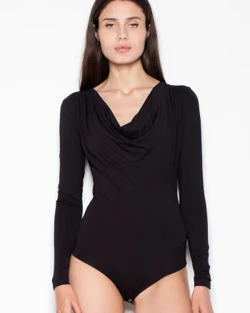 Body  negru, maneci lungi, decolteu fluid, viscoza