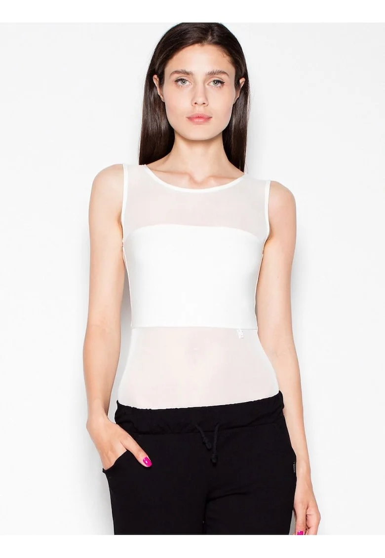 Body  bej, transparent, fara bretele, decolteu semicircular, poliester.