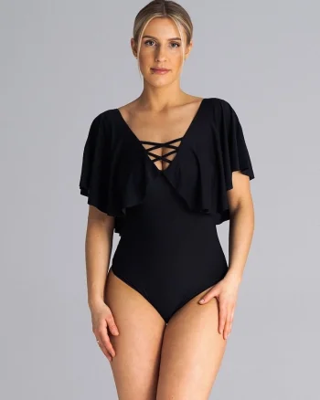 Body  decolteu in V, volan pe umeri, negru, poliester.