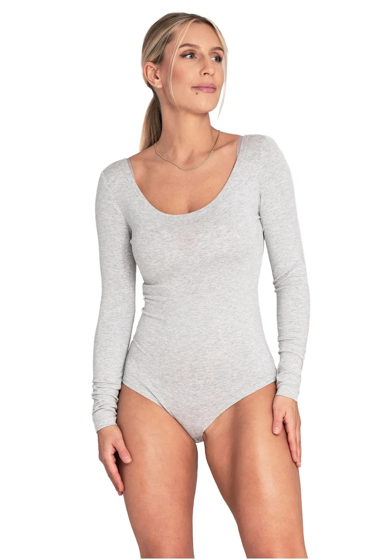 Body  gri, maneca lunga, viscoza/elastan,