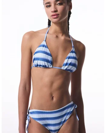 Sutien cu cupe triunghiulare si model in dungi, Alb/Albastru