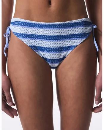 Slip brazilian cu aspect tricotat, model in dungi si snur lateral, Alb/Albastru